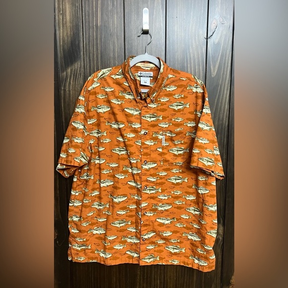COLUMBIA SPORTSWEAR ORANGE FISH PRINT ALL OVER DEEP SEA FISHING SHIRT MENS XL - Picture 5 of 10